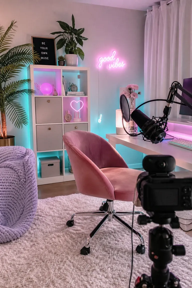 Уютное рабочее пространство модели с розовым креслом и ring light